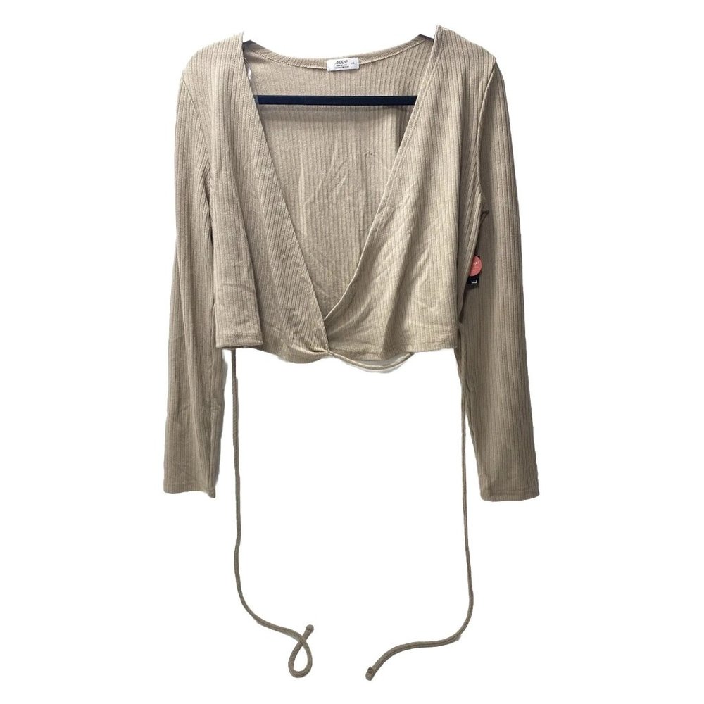 New Women's Cropped Front Tie Low V-Neck Cut Long Sleeve Shirt Top, Size Large